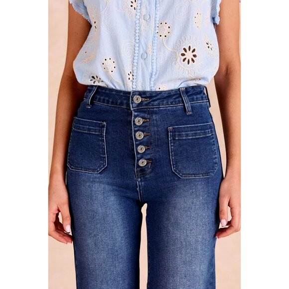 Women's High-Waisted Skinny Jeans Stretch Denim 8 Dark Blue Button Fly - Picture 4 of 6